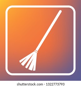 Sweeping broom sign. Vector. White icon on transparent button at orange-violet gradient background.