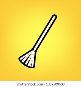 Sweeping broom sign. Vector. Yellow polka dot white icon with black contour at warm yellow background.