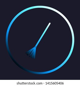 Sweeping broom sign. White, cyan and blue gradient icon as round button in white shell at dark blue background. Illustration.