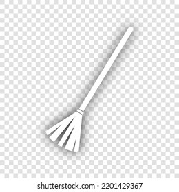 Sweeping broom sign. White Icon with dropped natural gray Shadow at transparent Background. Illustration.