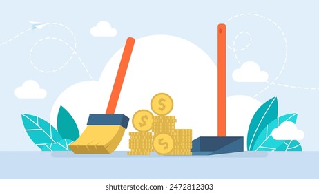 Sweeping coins. The concept of inflation, embargo, sanctions, devaluation. A broom sweeps banknotes, getting rid of money or cleaning. Broom, scoop, sweep. Vector illustration