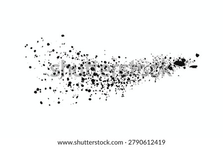 A sweeping diagonal arc formed by numerous black ink droplets and splatters against a clean white background. The composition features a tapering spray of spots, hand drawn