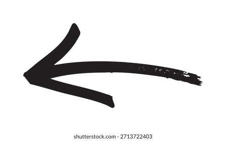 Una flecha amplia y expresiva hacia la izquierda dibujada con un pincel o marcador de caligrafía, con una cabeza afilada y una cola altamente texturizada y emplumada.

