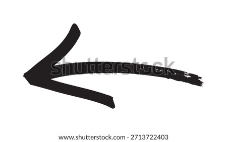 A sweeping, expressive left-pointing arrow drawn with a calligraphy brush or marker, featuring a sharp head and a highly textured, feathered tail.
