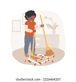 Dibujo vectorial de dibujos animados aislados en el suelo de barrido. Material infantil esparcido en pequeños cuadrados, usando cuchara y escoba, cuidado del medio ambiente, dibujos animados de vector preescolares montessori.