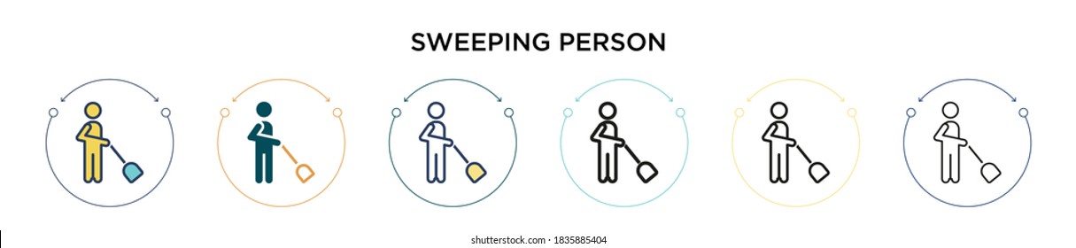 Sweeping person icon in filled, thin line, outline and stroke style. Vector illustration of two colored and black sweeping person vector icons designs can be used for mobile, ui, web