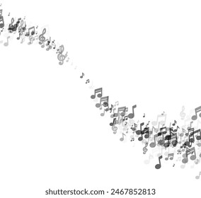 Eine weit reichende Spur von Musiknoten in Graustufen, die sich in die Ferne verjüngen und ein Gefühl von Tiefe und das zeitliche Fortschreiten einer Partitur erzeugen.