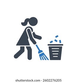 Sweeping Trash into Bin Icon On White Background