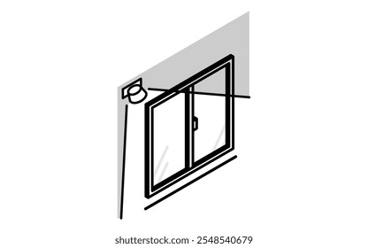 Kehrfenster mit Sensorleuchten, Kriminalprävention und Heimsicherheit Schwarz-Weiß Isometrisches Symbol, Vektorgrafik