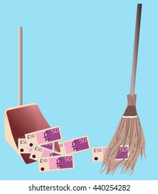 Sweeps pond bills money in the scoop, isolated on blue background