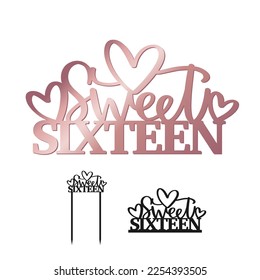 Sweet 16 Birtday party decal and cake topper vector design. Typography one piece phrase for freestanding centerpiece or window cling. Rose gold and black words and hearts silhouette.