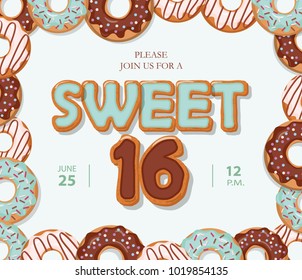 Sweet 16 birthday card. Cartoon hand drawn letters and donut frame on pastel blue.