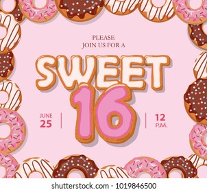 Sweet 16 birthday card. Cute cartoon letters and donut frame. Pastel pink colors.