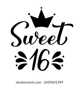 Sweet 16 calligraphy hand lettering isolated on white. 16th birthday celebration inscription. Sweet sixteen typography poster. Vector template for greeting card, banner, sticker, t-shirt, etc