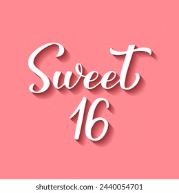 Sweet 16 calligraphy hand lettering on pink background. 16th birthday celebration inscription. Sweet sixteen typography poster. Vector template for greeting card, banner, etc