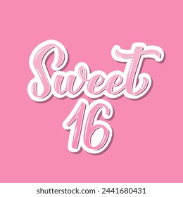 Sweet 16 calligraphy hand lettering on pink background. 16th birthday celebration inscription. Sweet sixteen typography poster. Vector template for greeting card, banner, invitation, etc