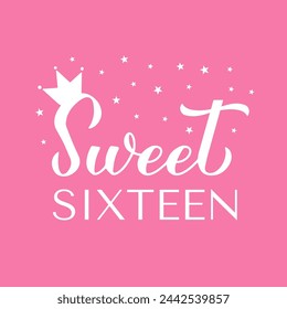 Sweet 16 calligraphy lettering on pink background. 16th birthday celebration inscription. Sweet sixteen typography poster. Vector template for greeting card, banner, invitation, etc