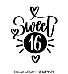 Sweet 16 calligraphy modern vector design with hearts. Monochrome decoraton for girl's birthday party.