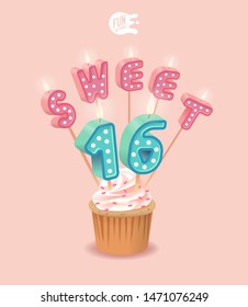 Sweet 16 Candle 3D Letters On Muffin. Set For Candy Bar. Font For Celebration. Realistic Collection for A Children's Party. Baby Shower. Cupcake With Candle. Isometric Sweet Alphabet ABC