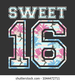 Sweet 16 In College Style. Sixteenth Girl Birthday Invitation. Vector Female Poster With Flower Number Pattern.  Idea For Design Woman T-shirt.  