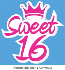 Sweet 16 with crown sign, celebrating sweet 16 card, 16th anniversary, vector illustration