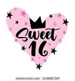 Sweet 16 - decorative greeting with heart, stars, and crown for Birthday.