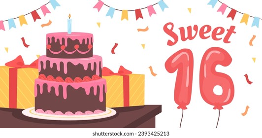 Sweet 16 happy birthday concept. Cake with gift boxes and pink balloon numbers. Dessert and delicacy near presents. Greeting and invitation postcard. Cartoon flat vector illustration