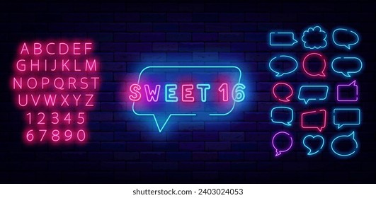 Sweet 16 neon inscription. Shiny typography. Bright pink alphabet. Happy birthday party. Girls evening. Colorful handwritten text. Glowing banner. Editable stroke. Vector stock illustration