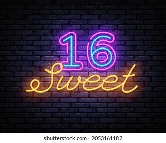 Sweet 16 neon sign vector design template. Happy Birthday neon banner, design element colorful modern design trend, night bright advertising, bright sign. Vector illustration