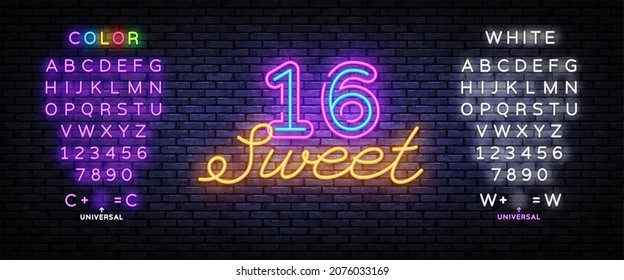 Sweet 16 neon sign vector design template. Happy Birthday neon banner, design element colorful modern design trend, night bright advertising, bright sign. Vector. Editing text neon sign