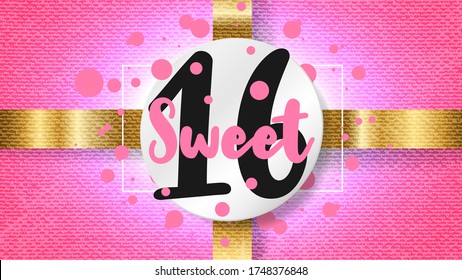 Sweet 16. Number on white round sticker, gold ribbon on pink grunge background. Template for Sixteenth girl birthday invitation design. Vector illustration