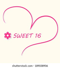 Sweet 16 sign banner with a pink hand-drawn heart and a little flower. Vector illustration