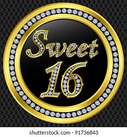 Sweet 16 Years Anniversary, Happy Birthday Golden Icon With Diamonds, Vector Illustration