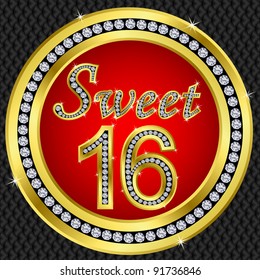 Sweet 16 Years Anniversary, Happy Birthday Golden Icon With Diamonds, Vector Illustration