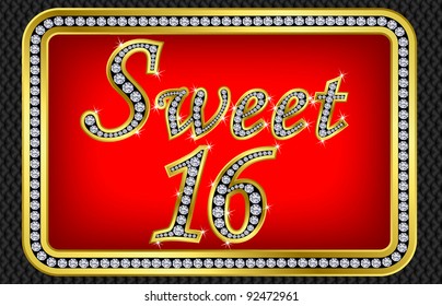 Sweet 16 years anniversary, happy birthday golden card with diamonds, vector illustration