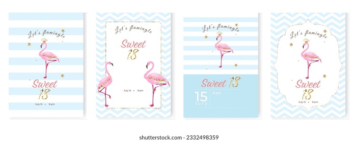 Sweet 18 party invitation cards set with flamingos, glitters and stars. Template design. Vector illustration