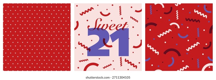 Conjunto de patrón de celebración Sweet 21Celebration. Vibrantes Diseños rojos, rosados y púrpuras con divertidas Formas de confeti y una tipografía audaz para capturar la diversión, la energía y el espíritu festivo de un cumpleaños histórico
