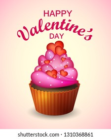 Sweet 3d cupcake  with cream and hearts. Vector  illustration for Valentine's Day. Eps 10