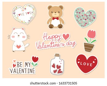 Sweet 9 piece doodle flat icon and text HAPPY VALENTINES DAY. Cute vector art for sticker or element for Valentine concept and card or other design with heart, bear,cat,dog, flower and bottle.