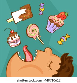 Sweet addiction concept. Unhealthy nutrition conception. Obese man and different desserts in cartoon style. Vector illustration