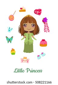 Sweet and adorable cartoon princess with accessories. 