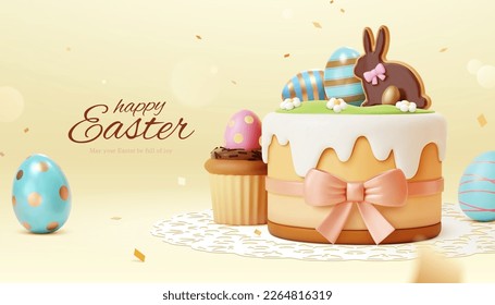 Sweet adorable Easter poster. 3D illustrated Easter cake with bunny cookie and egg decoration on pale yellow background.