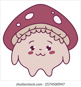 A sweet and adorable mushroom with a shy expression, red cap with white polka dots, and soft rounded edges