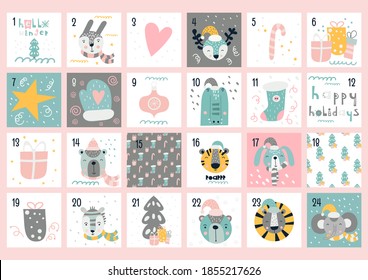 Sweet Advent calendar with cute scandinavian woodland animals, Santa Claus, Christmas elements. Printable vector illustration. Landscape format.