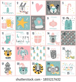 Sweet Advent calendar with cute scandinavian woodland animals, Santa Claus, Christmas elements. Printable vector illustration. Square format.