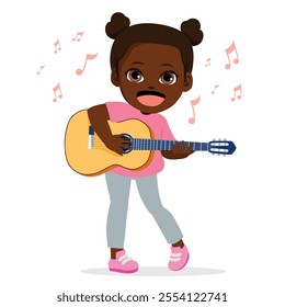 Sweet african ethnicity girl playing guitar vector illustration. Isolated child learning how to play an instrument