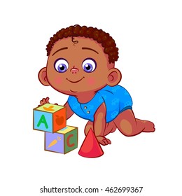 Sweet african little baby boy crawling and playing with children's blocks. Funny cartoon toddler character. Child development. Colorful vector illustration isolated on white background.