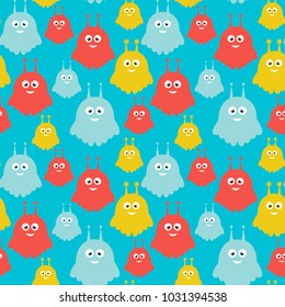 Sweet aliens vector seamless pattern. Cute cartoon creatures texture in colors of blue, red and yellow