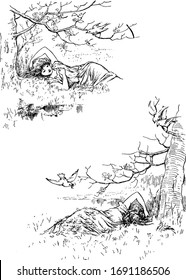 Sweet Amarillis by a spring's soft and soul murmuring's Slept and thus sleeping thither flew a robin-red-breast, vintage line drawing or engraving illustration.