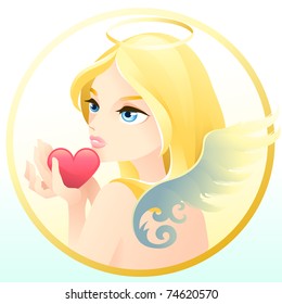 A sweet angel holding a red heart.